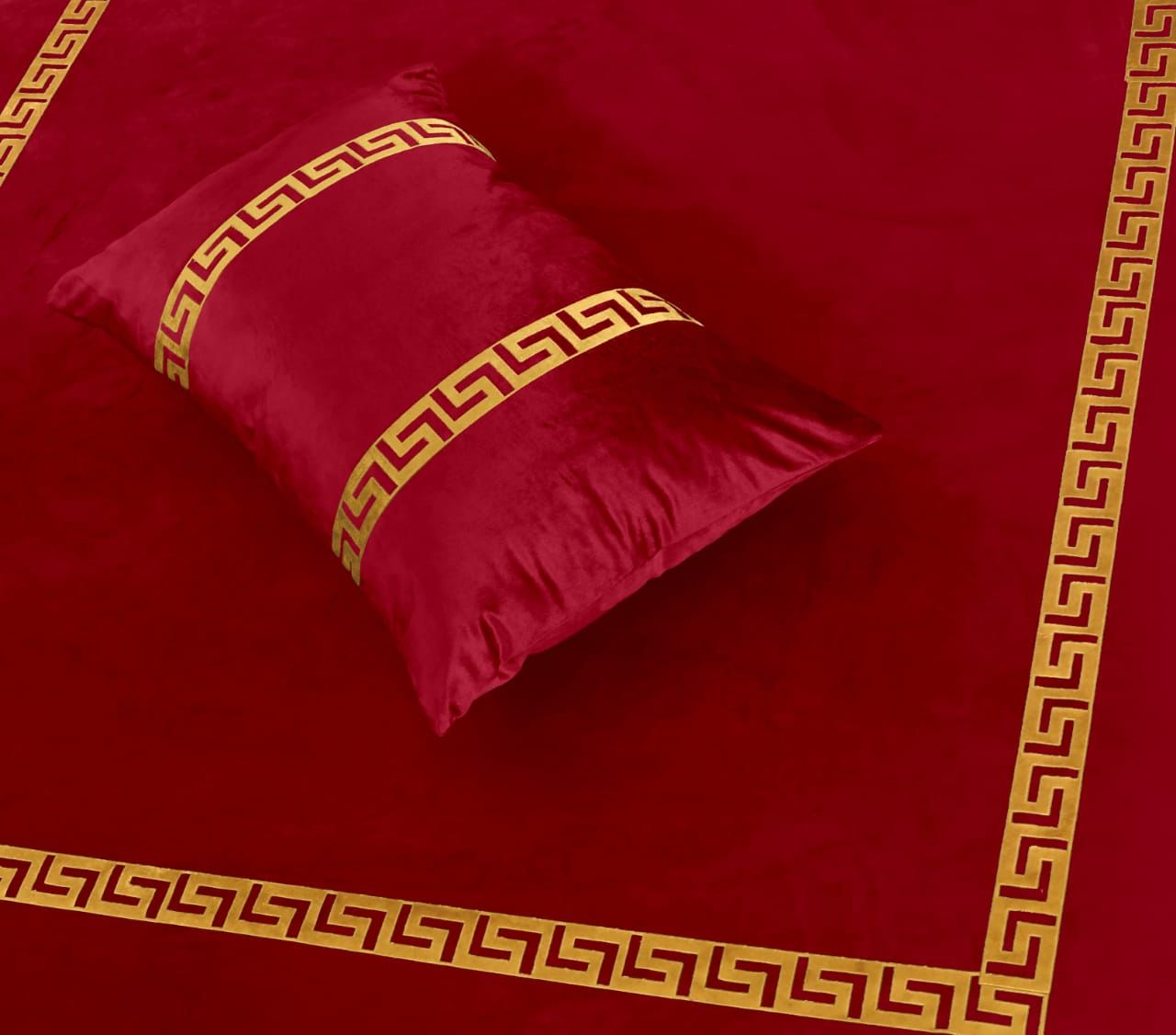 Mehroon King Size Velvet Frill Bed Sheet Set with Greek Patterns, & Matching Pillowcases