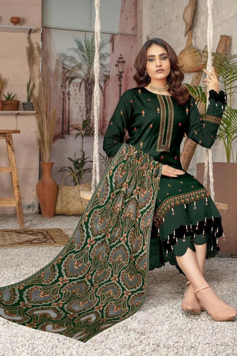 Unstitched Luxury Dhanak Heavy Embroidered 3PC Suit With Laser Cut Shawl
