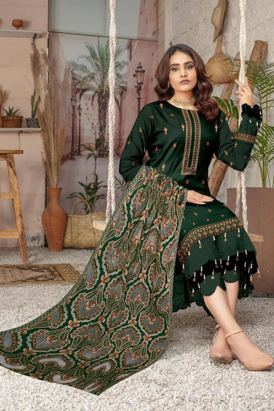 Unstitched Luxury Dhanak Heavy Embroidered 3PC Suit With Laser Cut Shawl