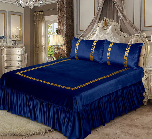 Blue King Size Velvet Frill Bed Sheet Set with Greek Patterns, & Matching Pillowcases
