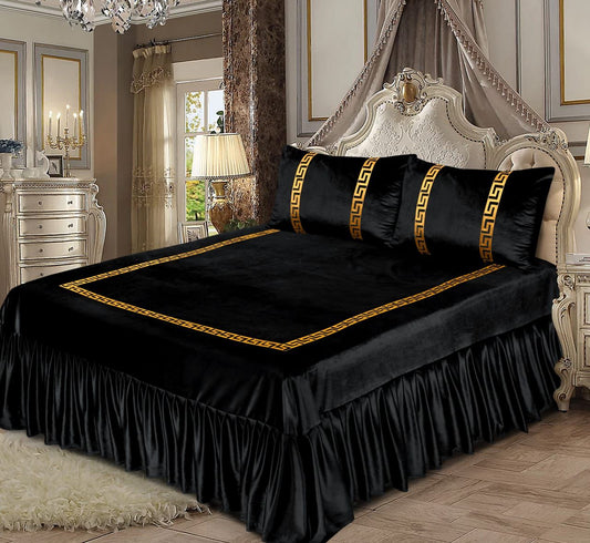 Black King Size Velvet Frill Bed Sheet Set with Greek Patterns, & Matching Pillowcases