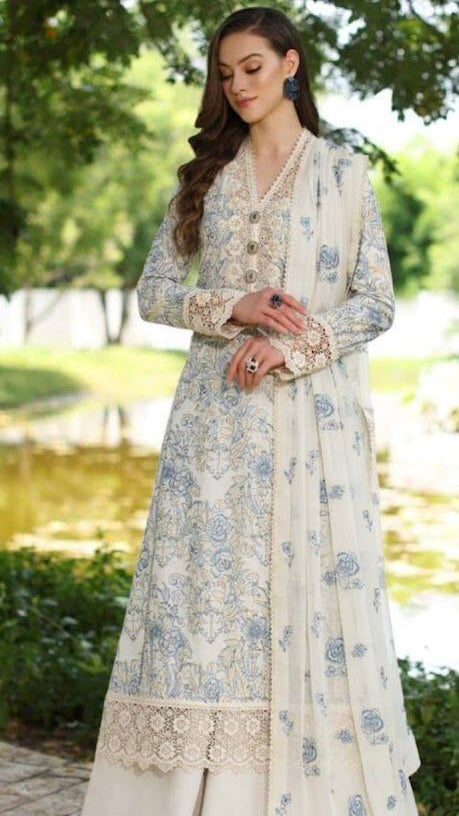 White 3pc Embroidered in Lawn with Bambar Chiffon Emboidered Dupata