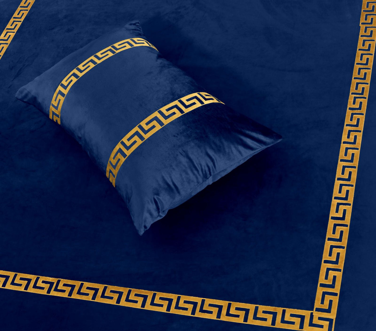 Blue King Size Velvet Frill Bed Sheet Set with Greek Patterns, & Matching Pillowcases