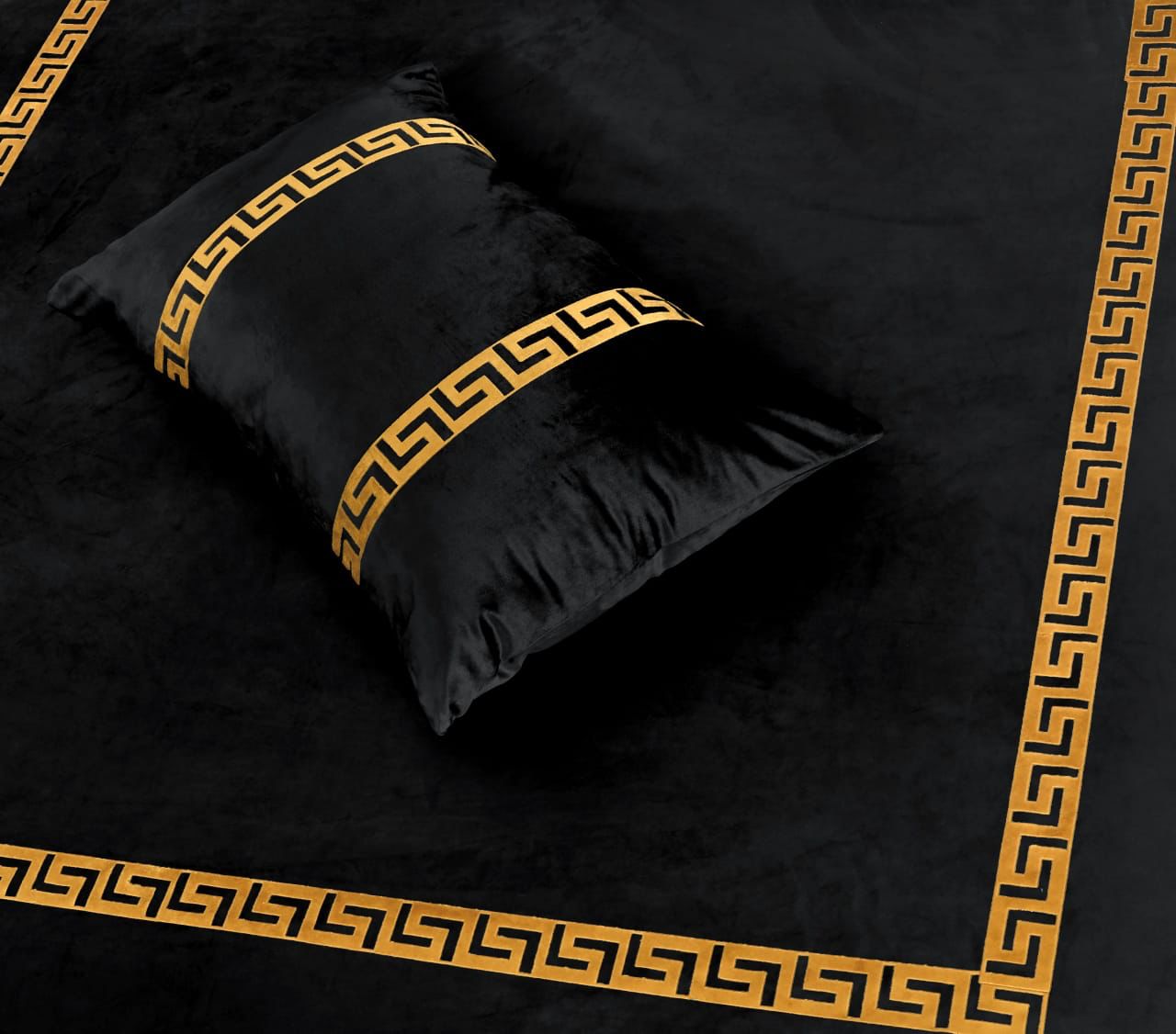 Black King Size Velvet Frill Bed Sheet Set with Greek Patterns, & Matching Pillowcases