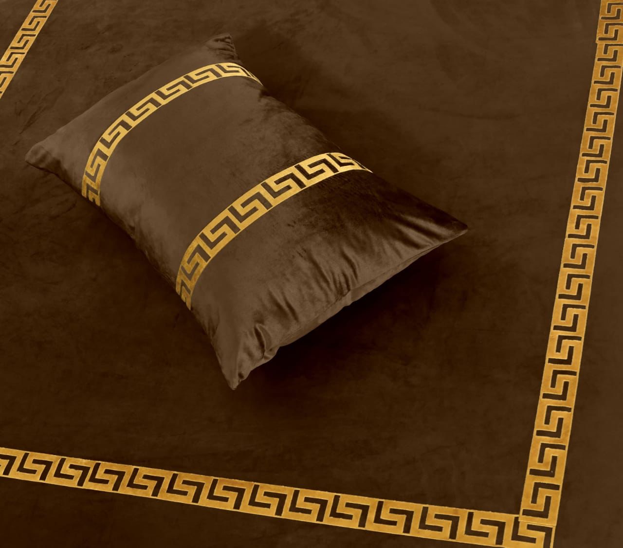 Brown King Size Velvet Frill Bed Sheet Set with Greek Patterns, & Matching Pillowcases
