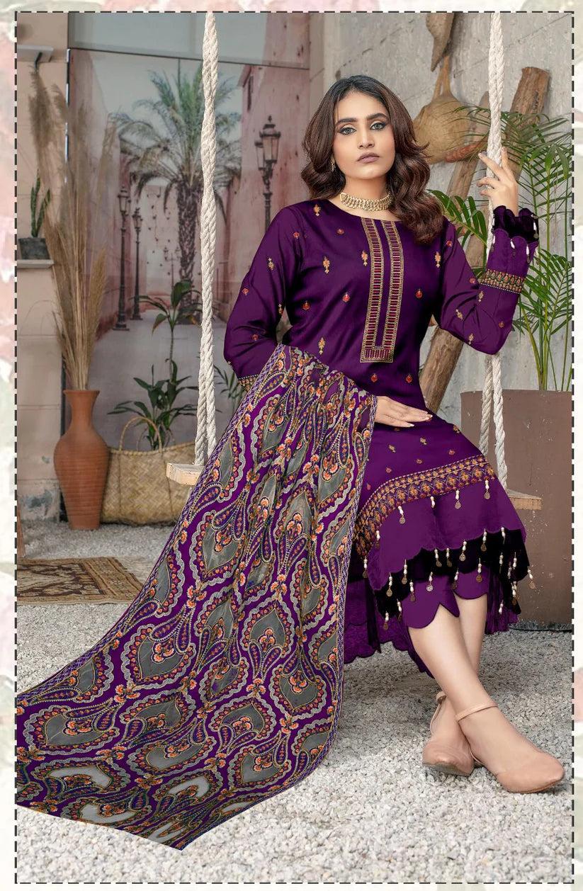 Unstitched Luxury Dhanak Heavy Embroidered 3PC Suit With Laser Cut Shawl