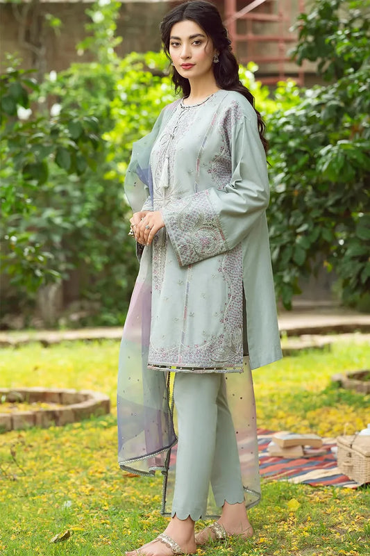 JAZMIN - 3PC LAWN EMBROIDERED SHIRT AND ORGANZA PRINTED DUPATTA WITH TROUSER
