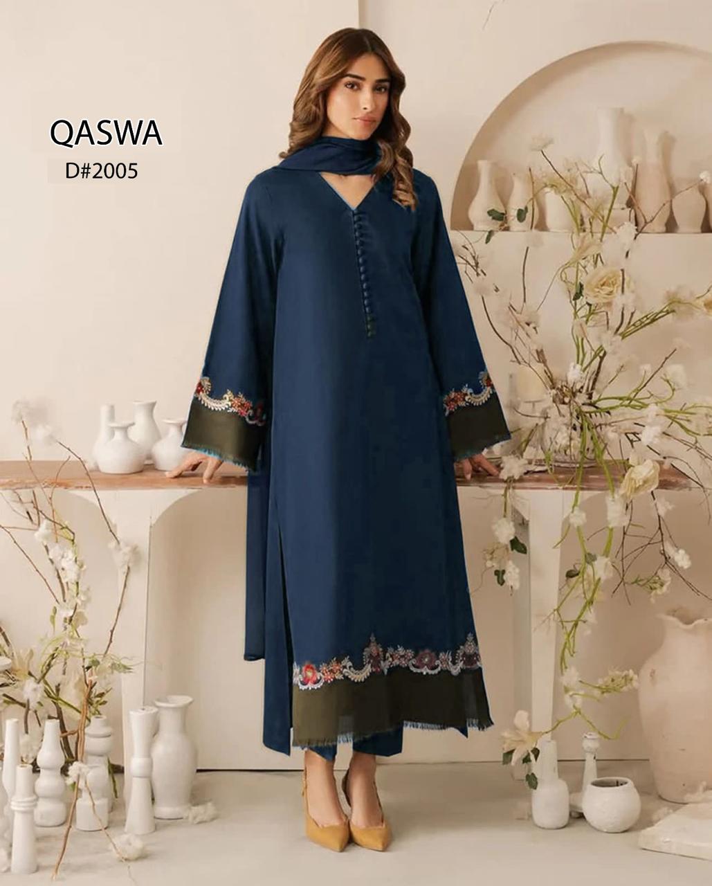 Qaswa Dhanak Embroidered Three piece 1747 BLUE