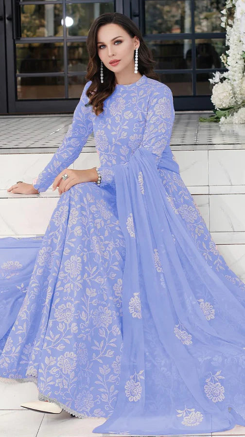 ice blue 3pc Embroidered in Lawn with Bambar Chiffon Emboidered Dupata