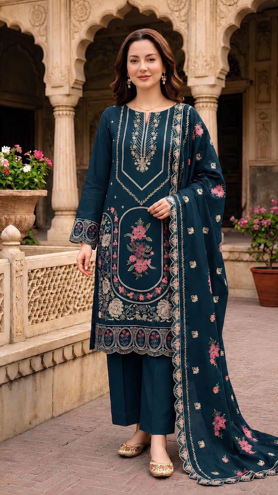 Dhanak 3 Piece Embroidered Suit With Embroiderd Ready to Wear Shawl