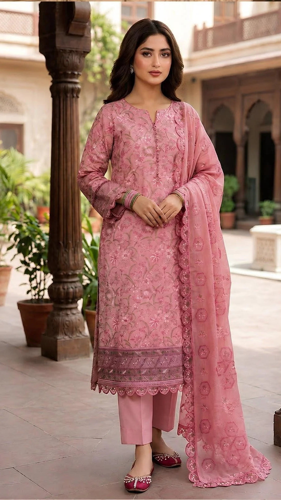 Dhanak 3 Piece Embroidered Suit With Embroiderd Ready to Wear Shawl