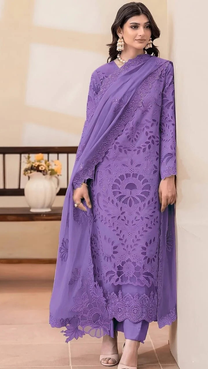 Iced Blue Dhanak 3 Piece Embroidered Suit With Embroiderd 4 sided Ready to Wear Shawl D-2214