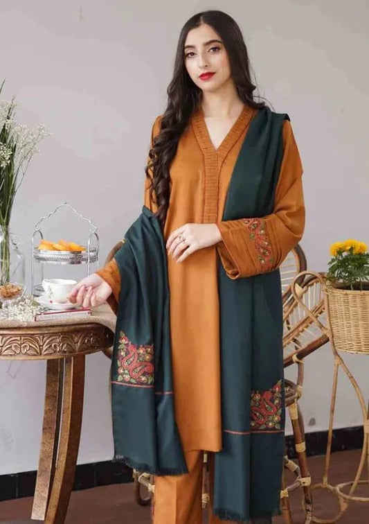 Embroidered 3Pc Dhanak Suit With Embroidered Shawl
