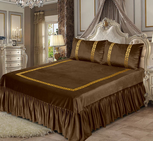 Brown King Size Velvet Frill Bed Sheet Set with Greek Patterns, & Matching Pillowcases