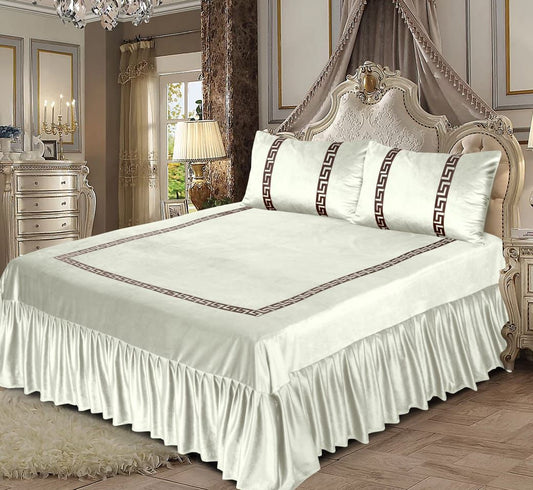 Snow White King Size Velvet Frill Bed Sheet Set with Greek Patterns, & Matching Pillowcases