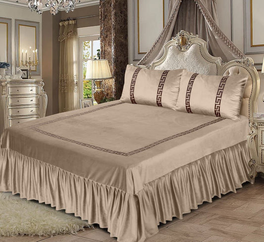 Beige King Size Velvet Frill Bed Sheet Set with Greek Patterns, & Matching Pillowcases