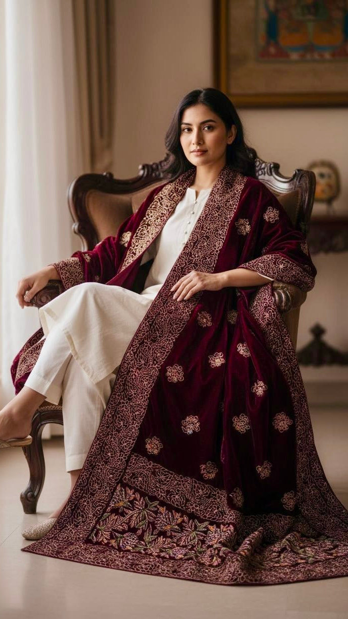 Woman in a traditional outfit sitting in an elegant room with a painting in the background