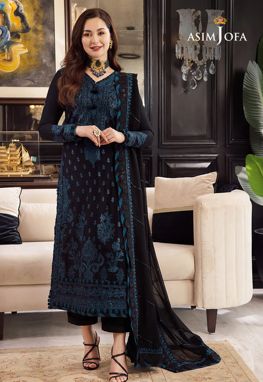 ASIM JOFA BLACK UNSTITCHED EMBROIDERED THREE PIECE