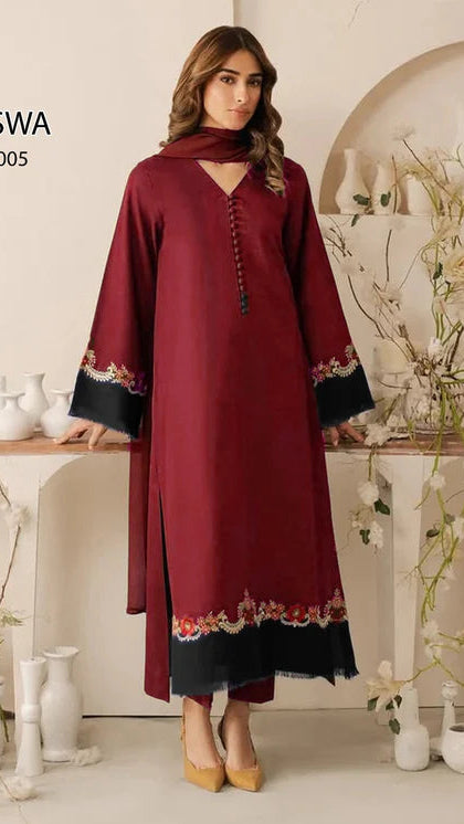 Qaswa Dhanak Embroidered Three piece 1747 MEHROON