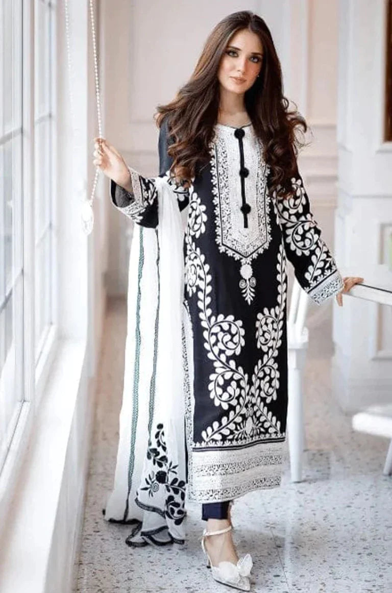 Unstitched 3pc Heavy Embroidered Linen Suit with Full Embroidered Chiffon Dupatta