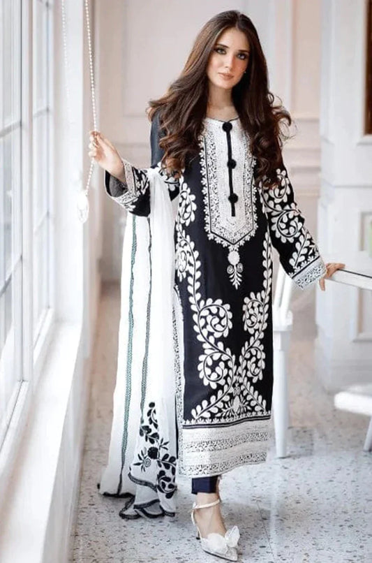 Unstitched 3pc Heavy Embroidered Linen Suit with Full Embroidered Chiffon Dupatta