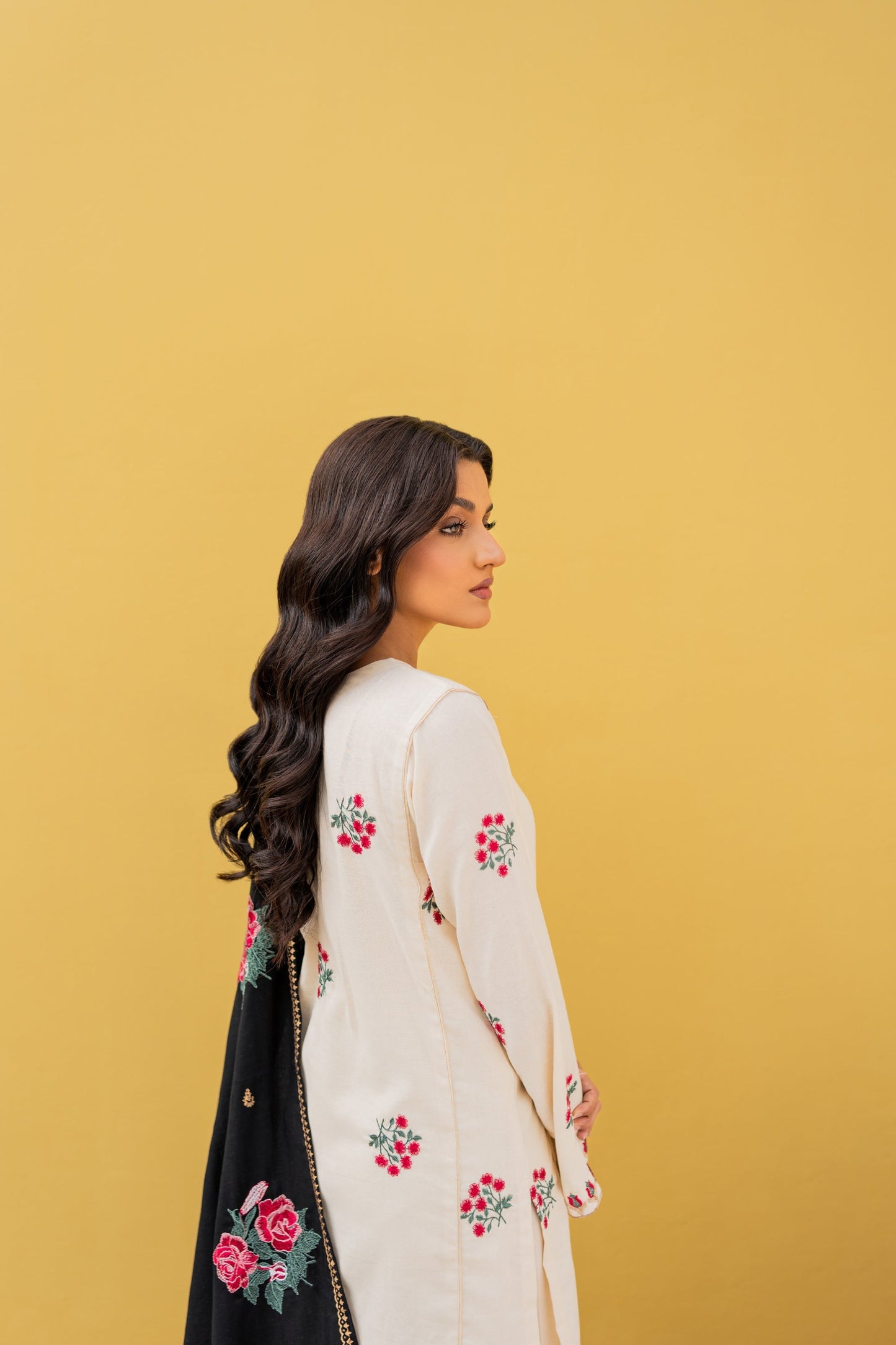 cream & black Embroidered 3PC ZB-1354