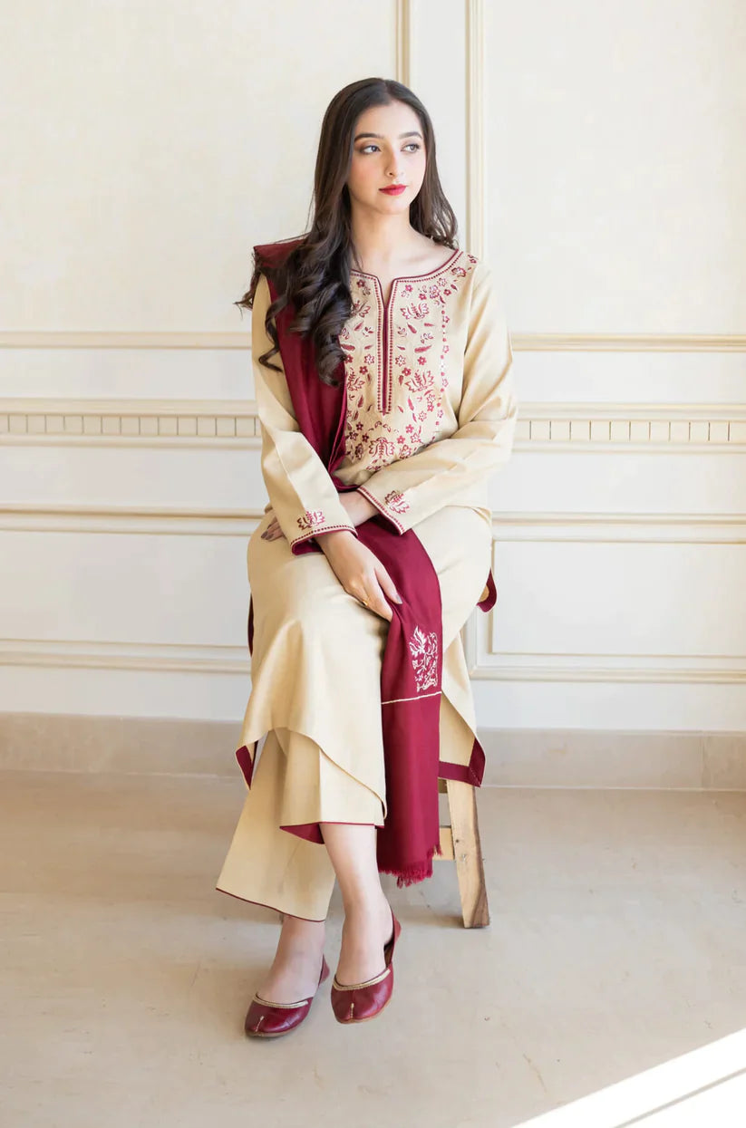 EMBROIDERED 3PC DHANAK SUIT WITH EMBROIDERED SHAWL