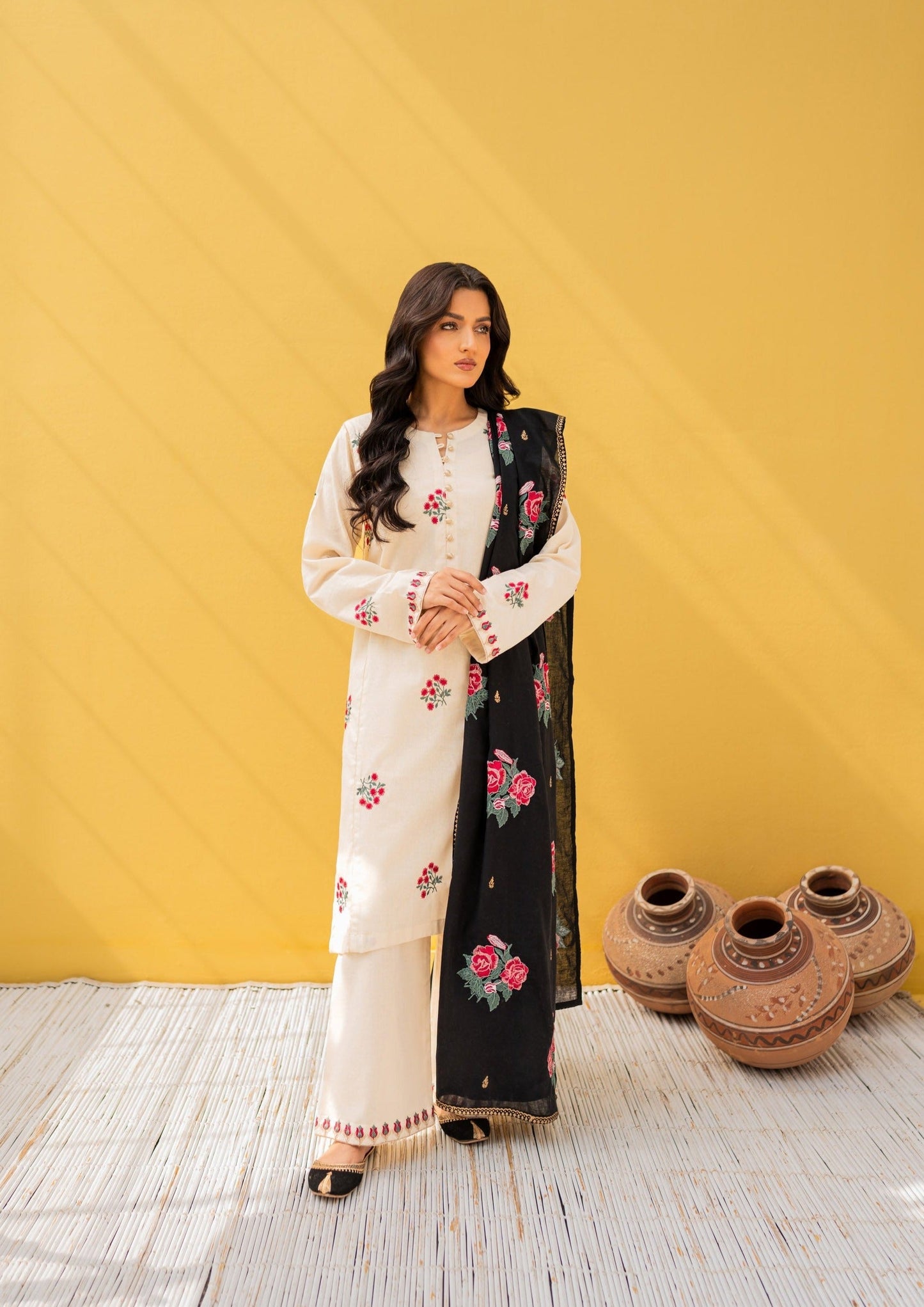 cream & black Embroidered 3PC ZB-1354