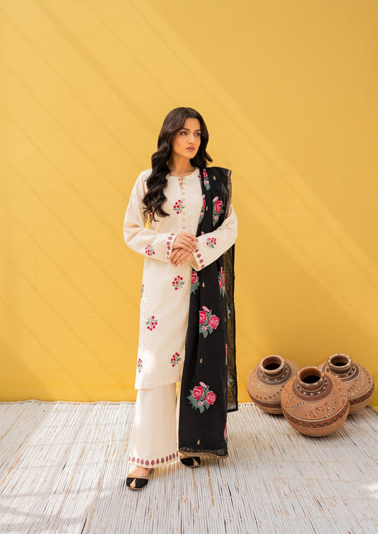 cream & black Embroidered 3PC ZB-1354