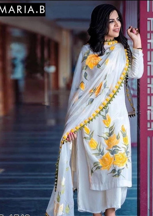 WHITE RAYON YELLOW FLOWER EMBROIDERED LAWN THREE PIECE SUIT