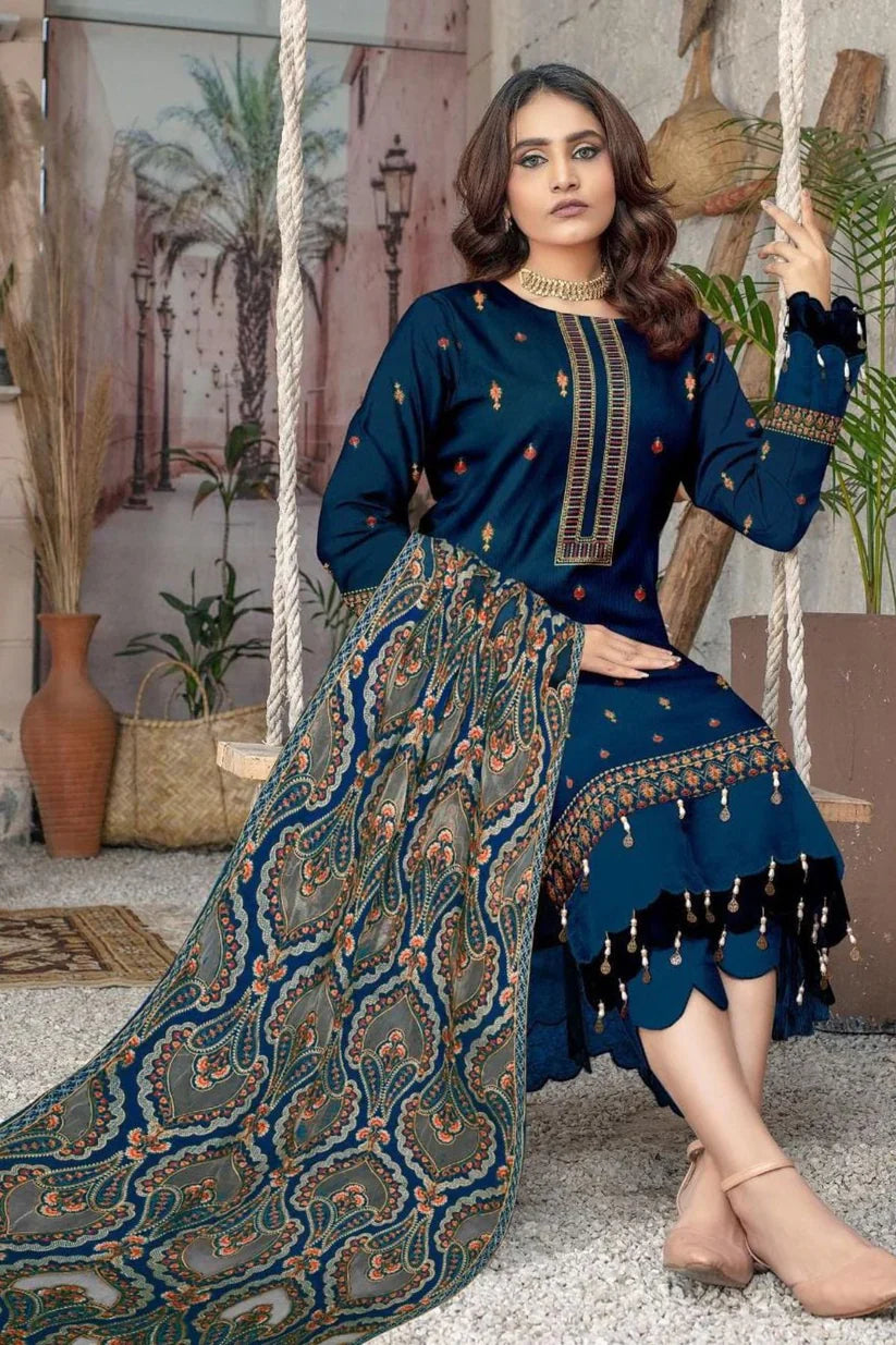 Unstitched Luxury Dhanak Heavy Embroidered 3PC Suit With Laser Cut Shawl
