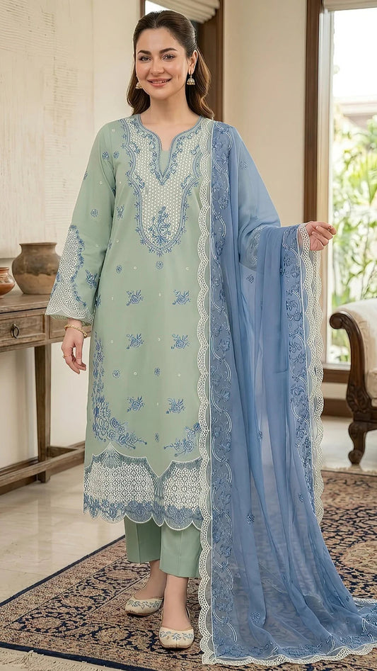 Dhanak 3 Piece  Embroidered Suit With Embroiderd 4 sided Ready to Wear Shawl D-2278
