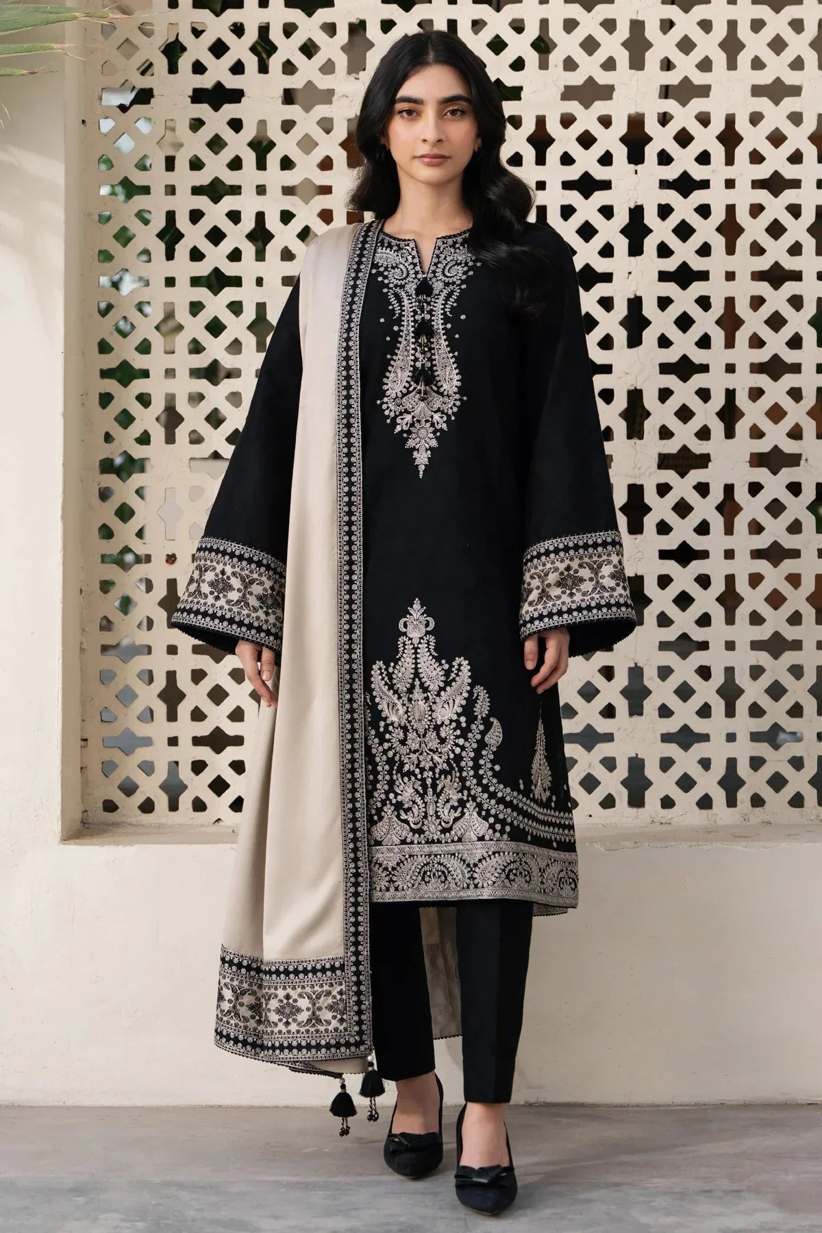 3pc Black Embroidered suit With Ready Shawl