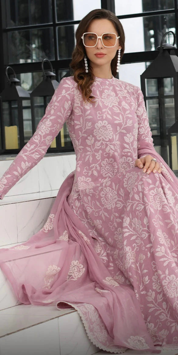Pink 3pc Embroidered in Lawn with Bambar Chiffon Emboidered Dupata