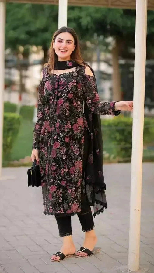3pc Unstitched  LAWN Embroidered Black Dress