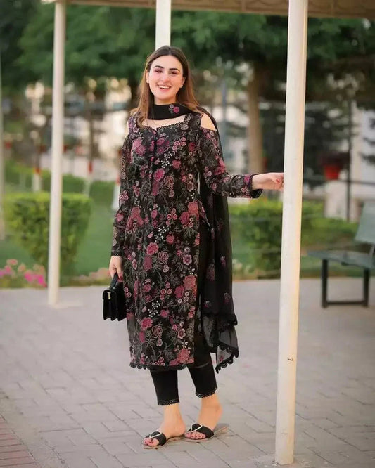 3pc Unstitched  LAWN Embroidered Black Dress