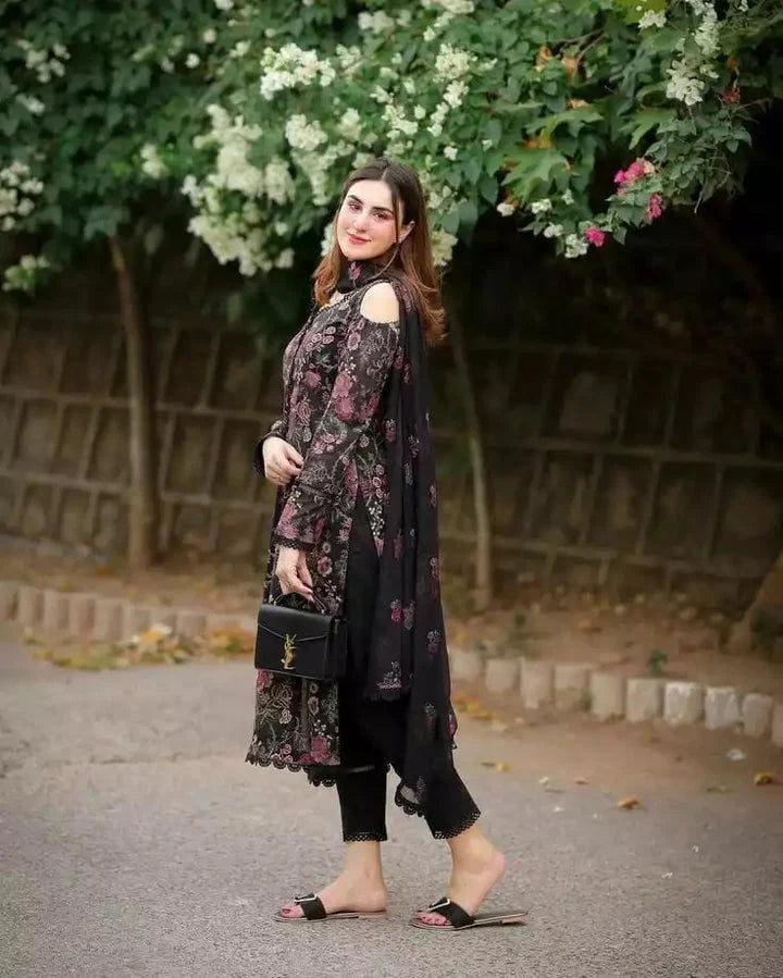 3pc Unstitched  LAWN Embroidered Black Dress