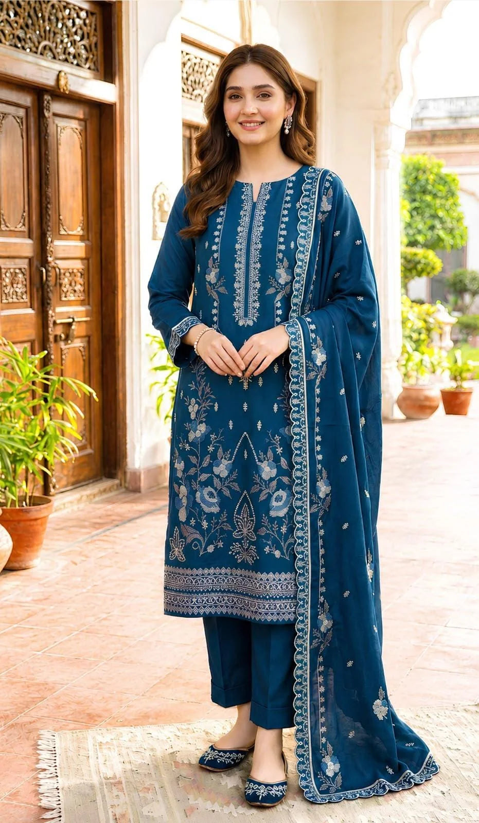 Dhanak 3 Piece  Embroidered Suit With Embroiderd Ready to Wear Shawl