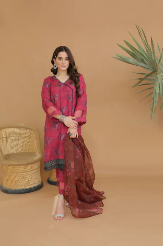 Aiman Minal Three Piece linen with Bember chifoon Dubata