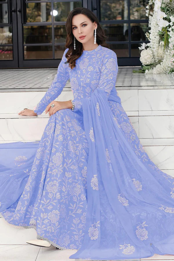 ice blue 3pc Embroidered in Lawn with Bambar Chiffon Emboidered Dupata