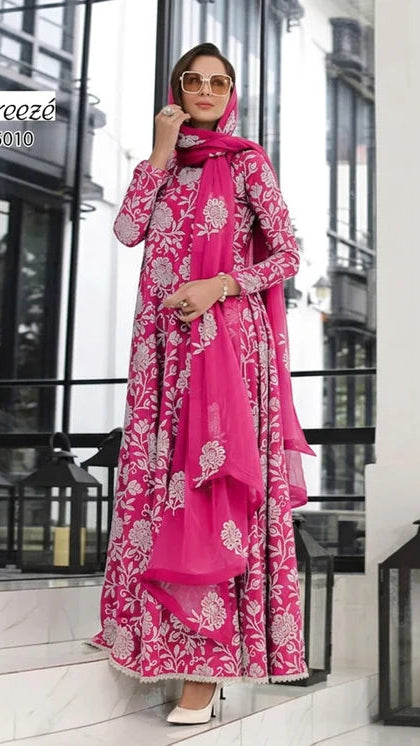Dark Pink 3pc Embroidered in Lawn with Bambar Chiffon Emboidered Dupata 1868