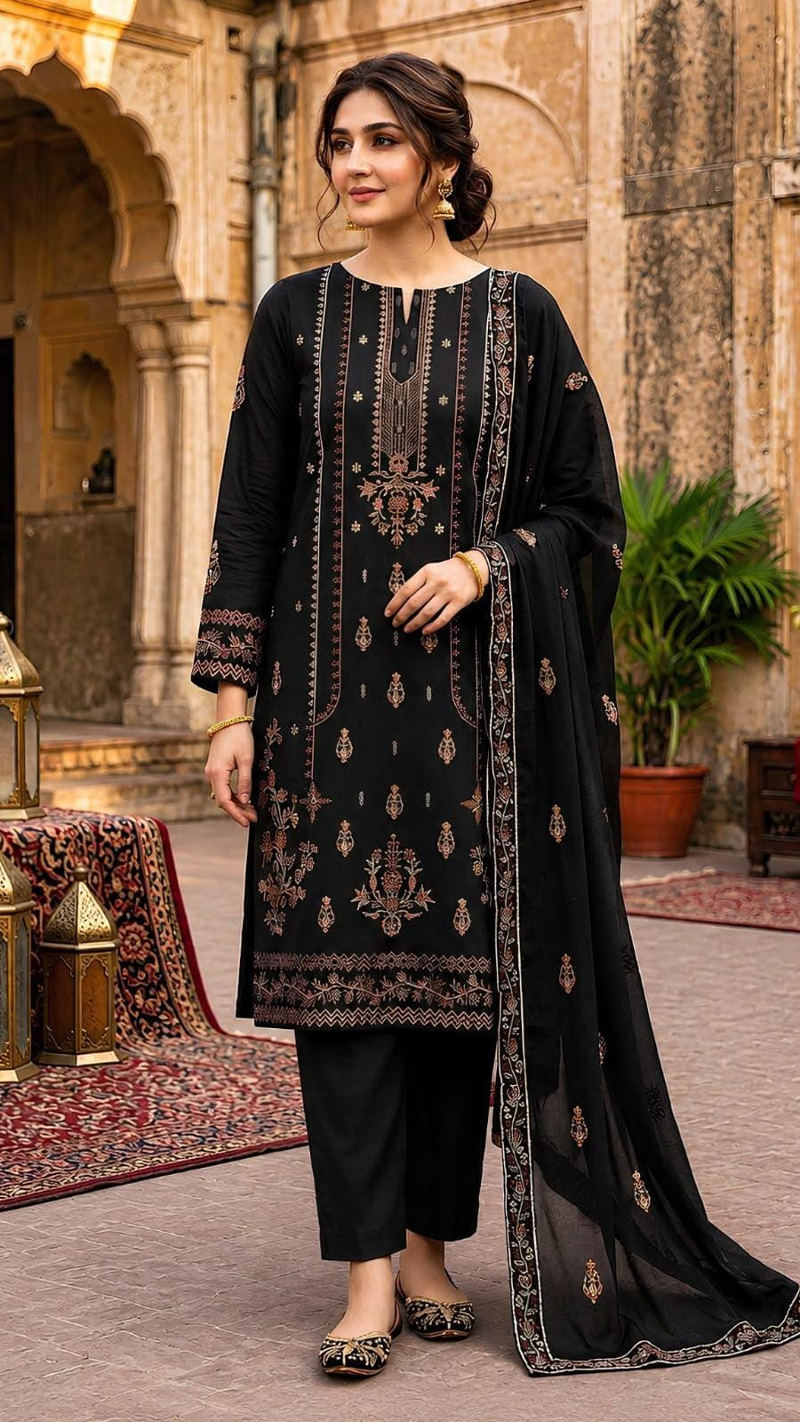Dhanak 3 Piece  Embroidered Suit With Embroiderd Ready to Wear Shawl