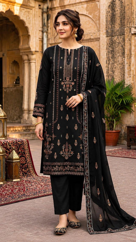 Dhanak 3 Piece  Embroidered Suit With Embroiderd Ready to Wear Shawl