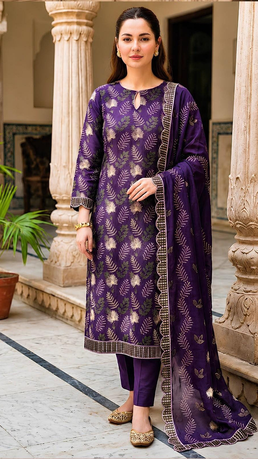 Dhanak 3 Piece  Embroidered Suit With Embroiderd Ready to Wear Shawl