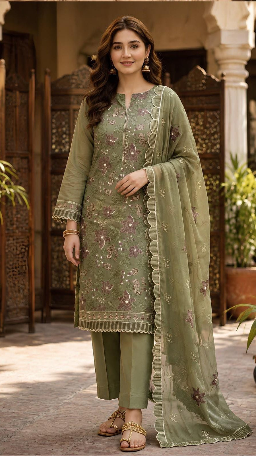 Dhanak 3 Piece  Embroidered Suit With Embroiderd Ready to Wear Shawl