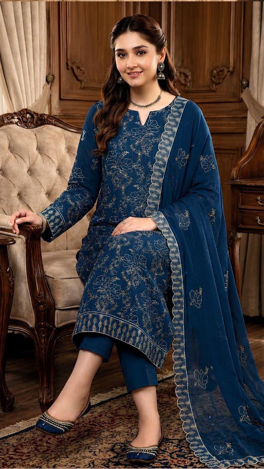 Dhanak 3 Piece  Embroidered Suit With Embroiderd Ready to Wear Shawl
