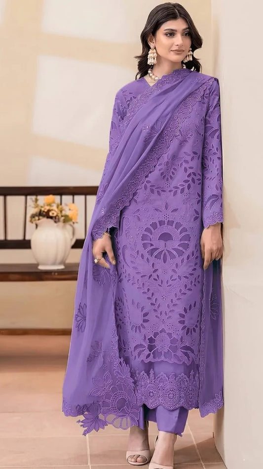 Iced Blue Dhanak 3 Piece  Embroidered Suit With Embroiderd 4 sided Ready to Wear Shawl D-2214