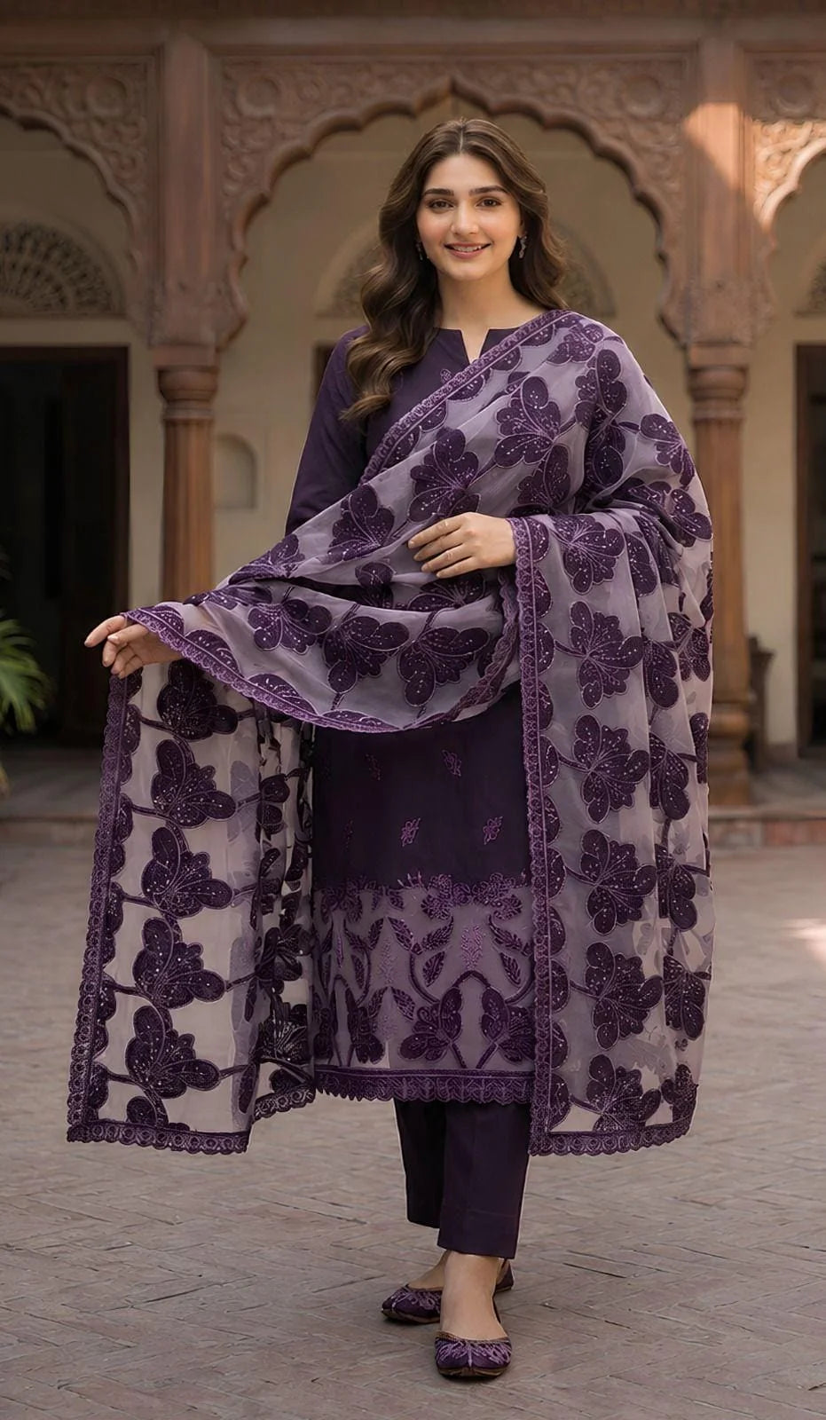 Embroidered Dhanak 3 piece with Embroidered shawl