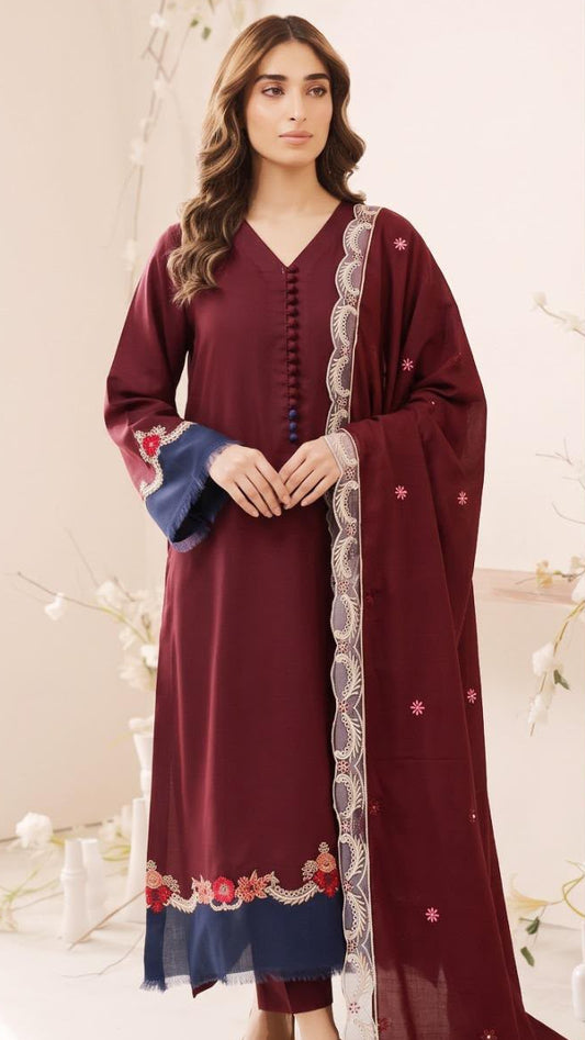 Qaswa Dhanak Embroidered Three piece 1747 MEHROON