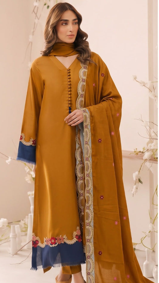 Qaswa Dhanak Embroidered Three piece 1747 MUSTURD